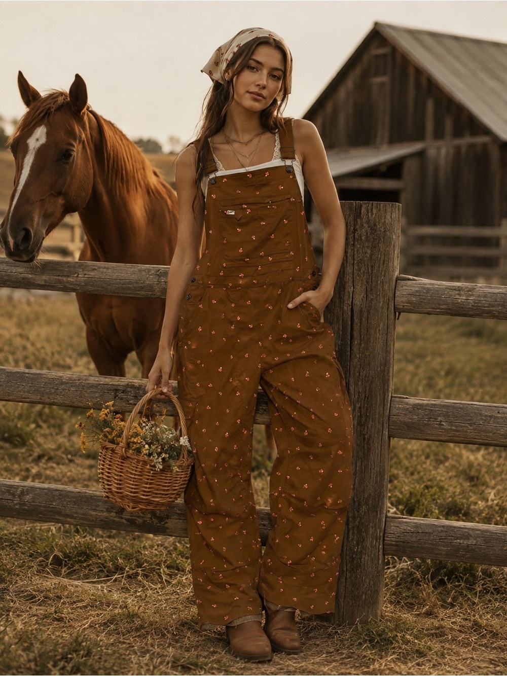 DULUTH Wide-Leg Floral Overalls in Rust Brown